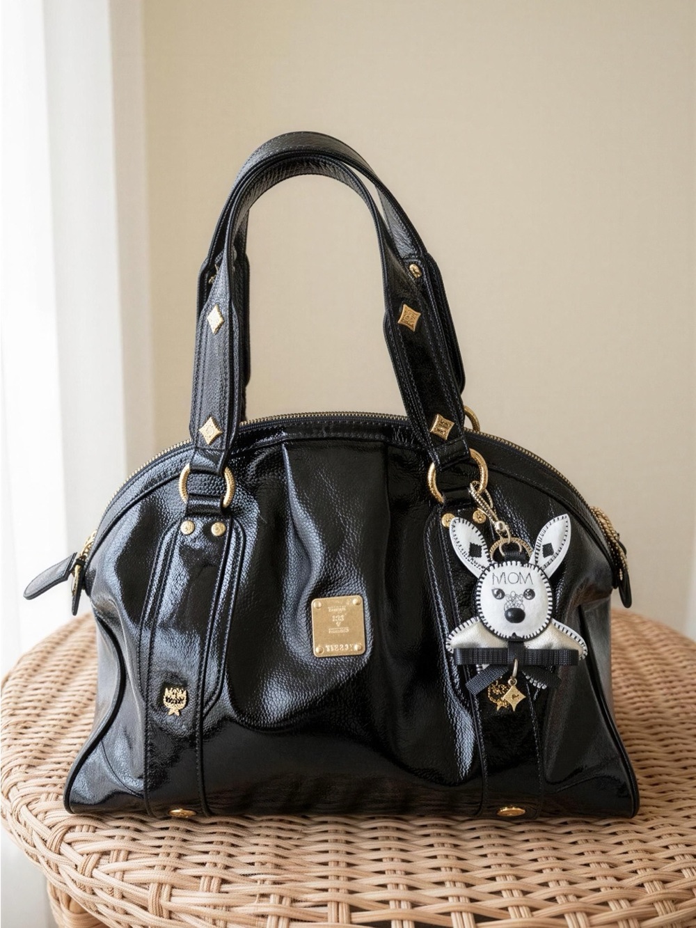 MCM Black Patent Leather Satchel Handbag with Gold Hardware with MCM Charm